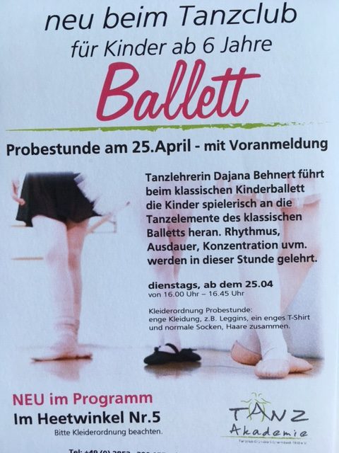 Schnuppertermin am 25. April – Ballett für Kinder ab 6 Jahre